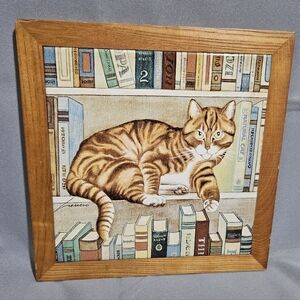 Lowell Herrero Vintage 1982 Signed Cat On Bookshelf Painted Tile Wall Decor